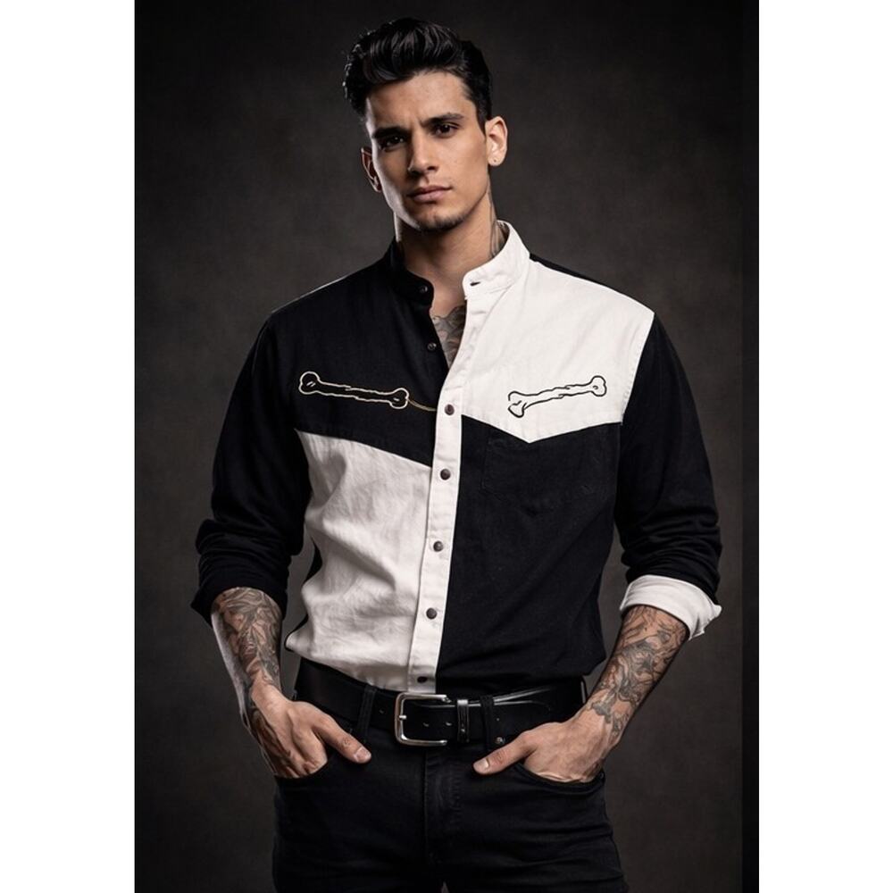 Cowboy Threads Button-Up Shirt Men's XL Black White Embroidered Skull Colorblock